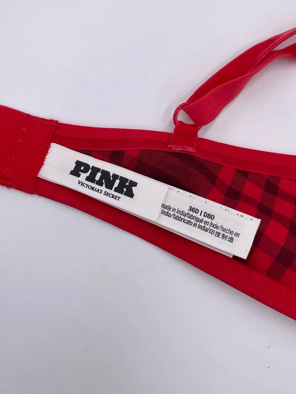 PINK Victoria's Secret Festive Flannel Unlined Balconette Bra Size 36D Red Plaid